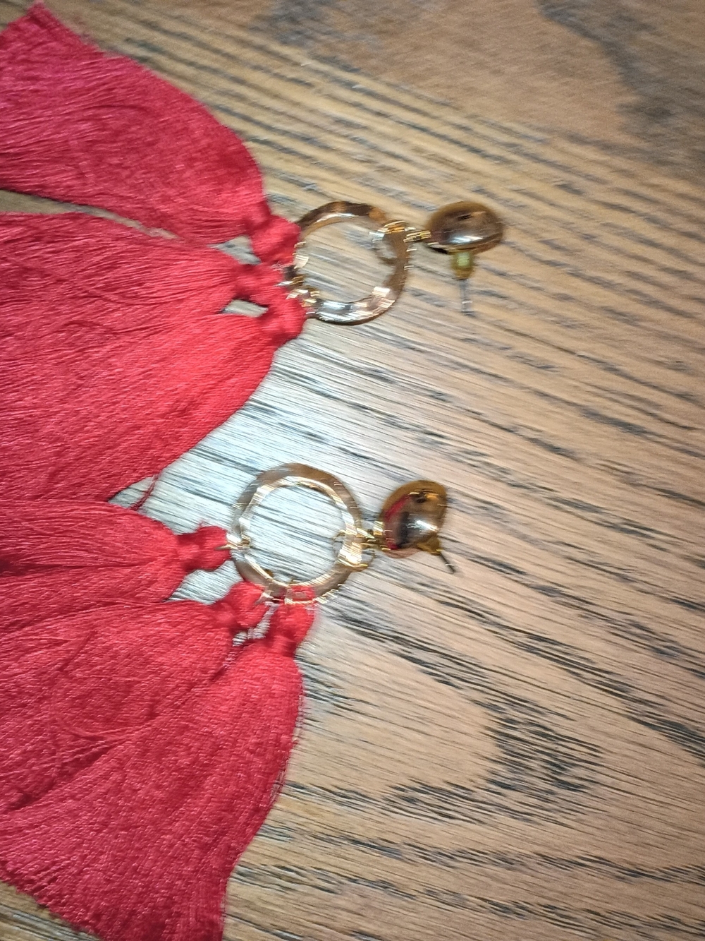 Red Tassel Drop Earrings with Gold Hoops